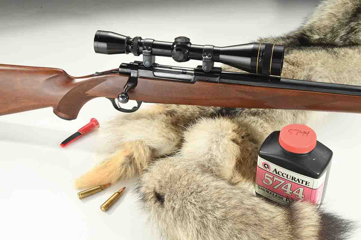 Low velocity .22-250 Remington loads are great for called-in coyotes, and gentler to valuable coyote pelts. Accurate 5744 is a great powder for slower bullet velocities in many rifle cartridges.